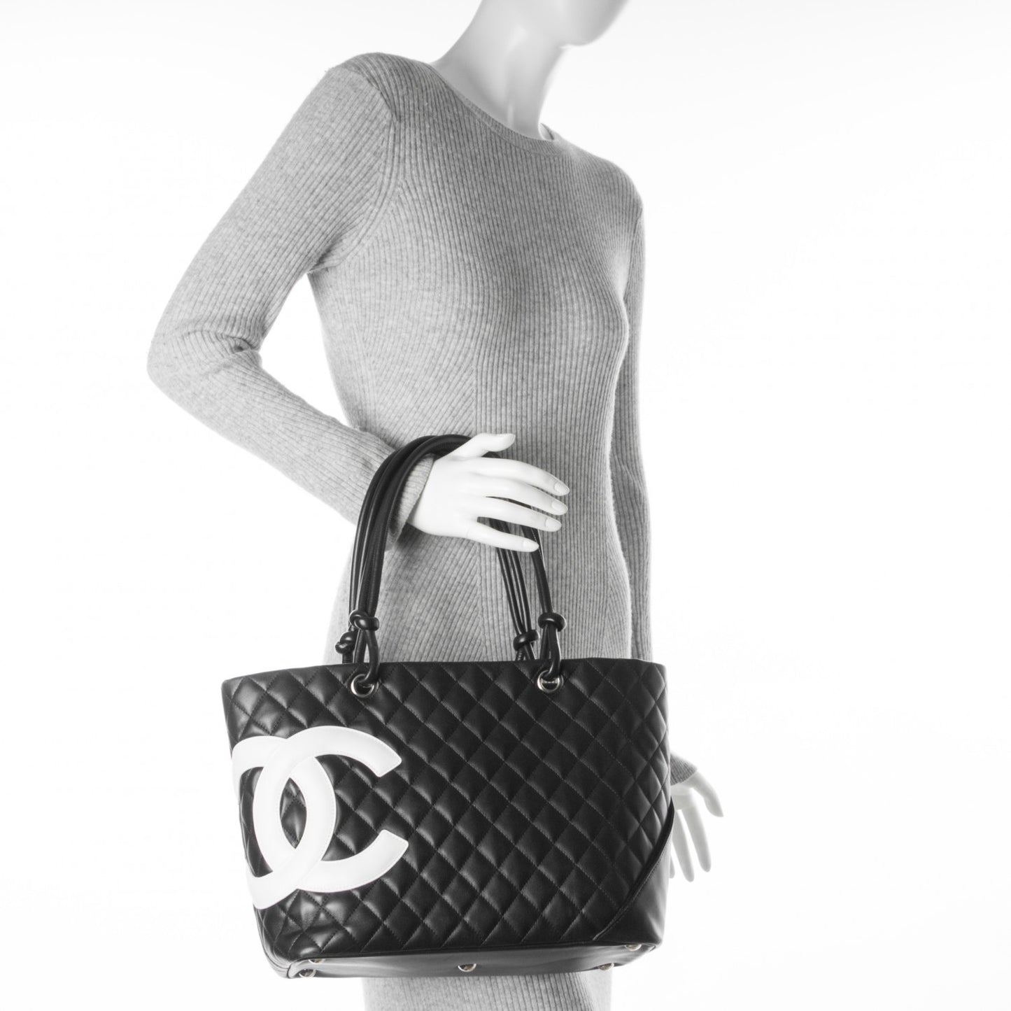 Calfskin Quilted Large Cambon Tote Black White