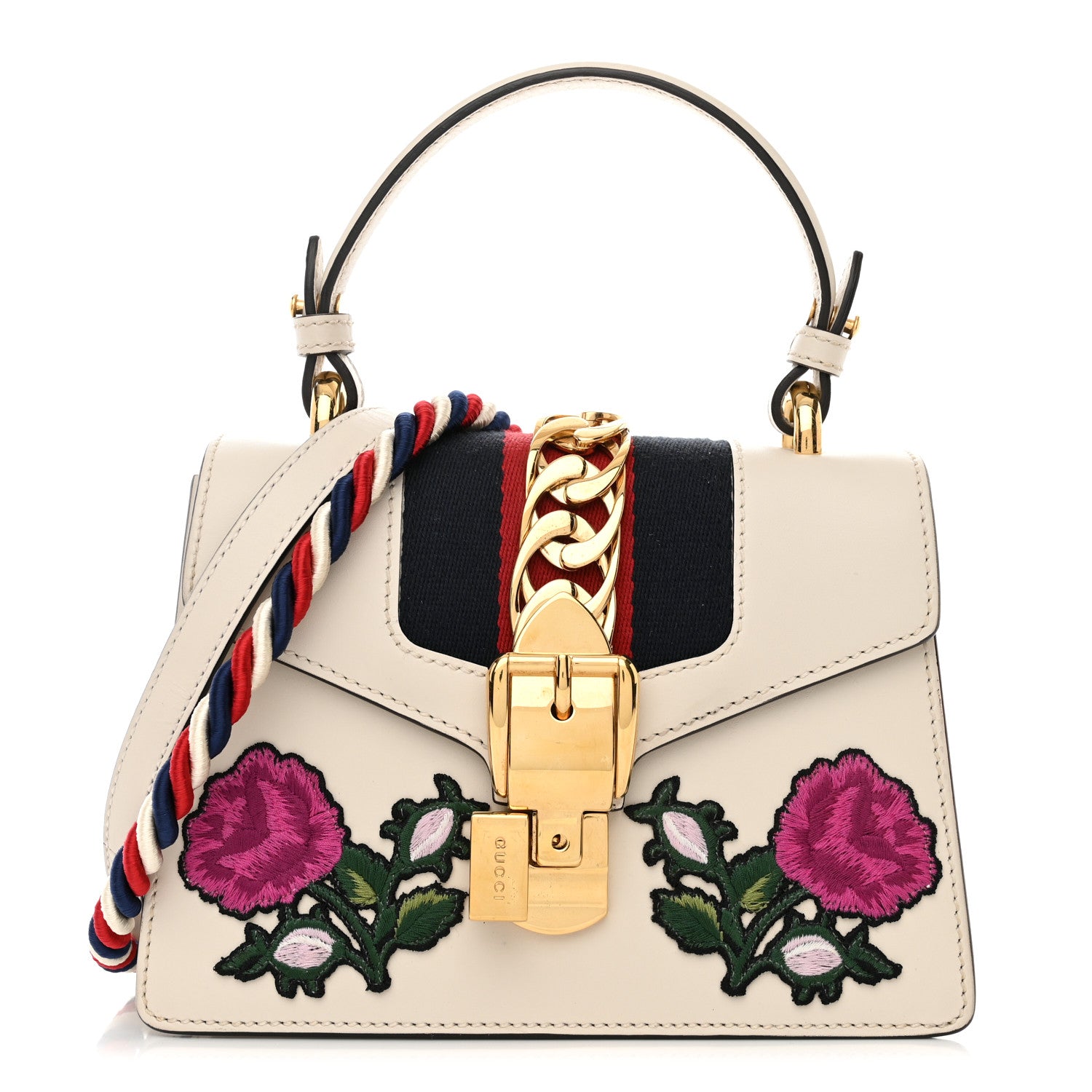 Gucci Calfskin Embroidered Mini Sylvie Top Handle Bag White 1 of 12
