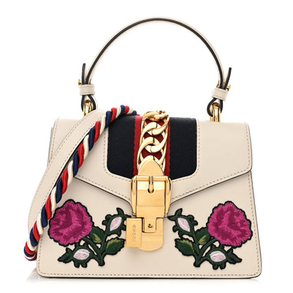 Gucci Calfskin Embroidered Mini Sylvie Top Handle Bag White 1 of 12