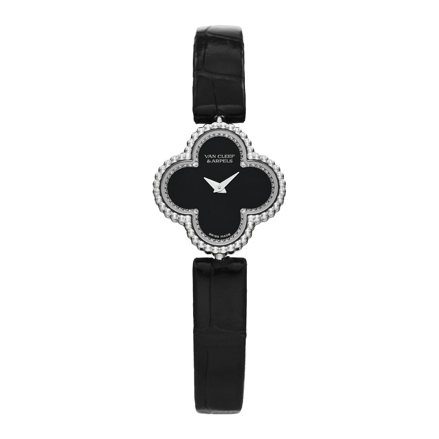 18K White Gold Alligator Diamond Bezel 23mm Sweet Alhambra Quartz Watch Black