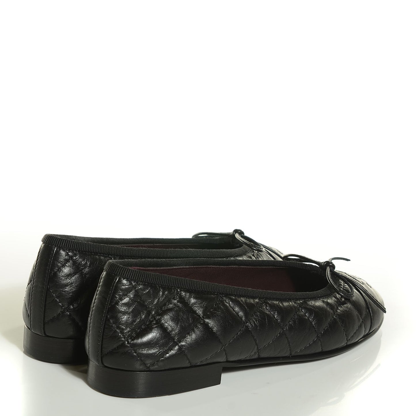 Aged Calfskin Quilted Cap Toe Ballerina Flats 34 Black