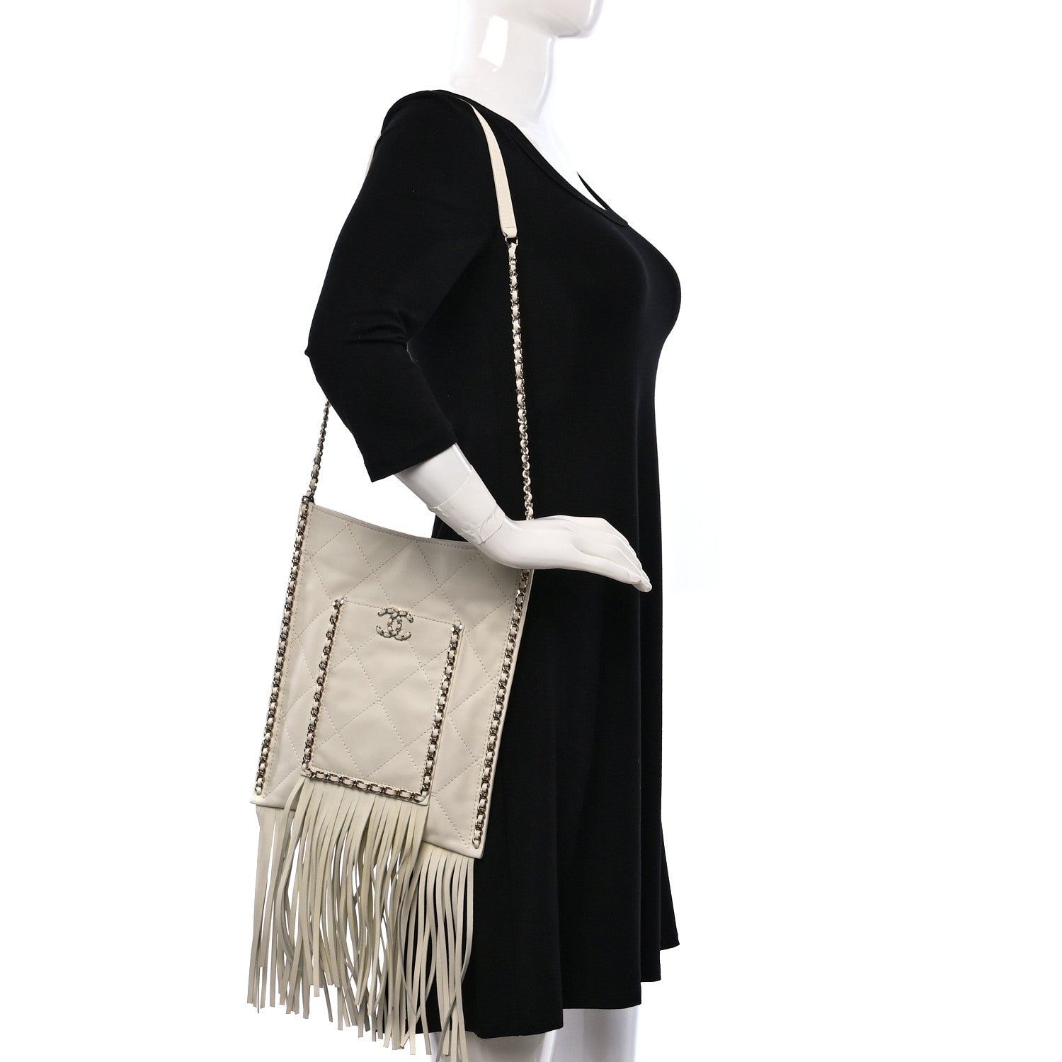 Chanel Calfskin Quilted Fringe Small Shopping Bag White 2 of 11