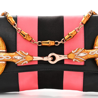 Gucci Calfskin Lizard Satin Studded Crystal Horsebit Clutch Pink Black 8 of 11