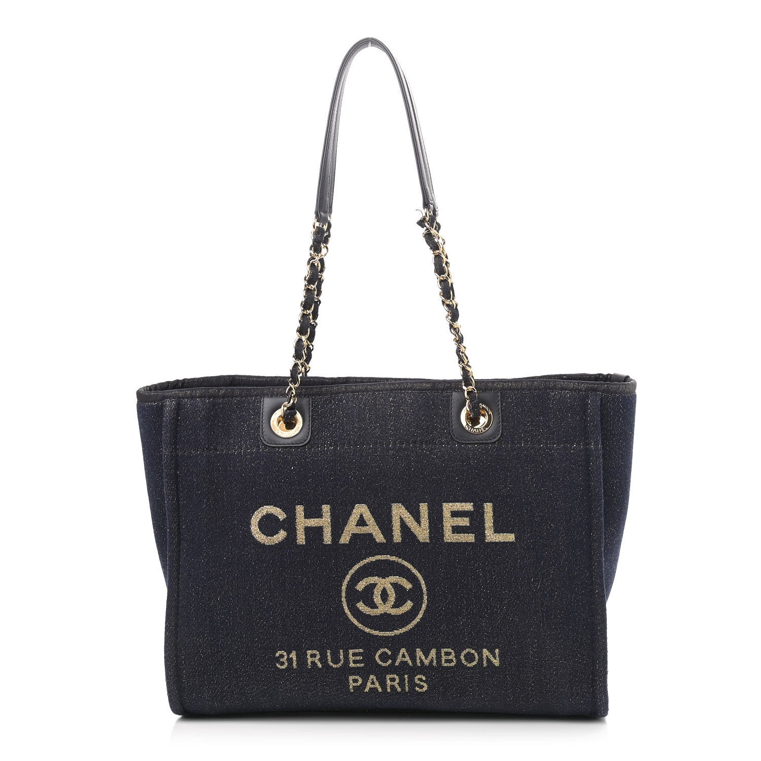 Chanel Lurex Canvas Small Deauville Tote Navy Blue Gold 1 of 12