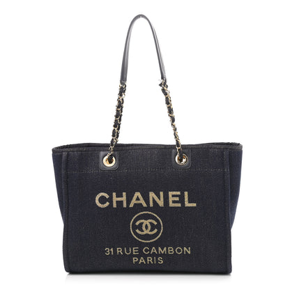Chanel Lurex Canvas Small Deauville Tote Navy Blue Gold 1 of 12