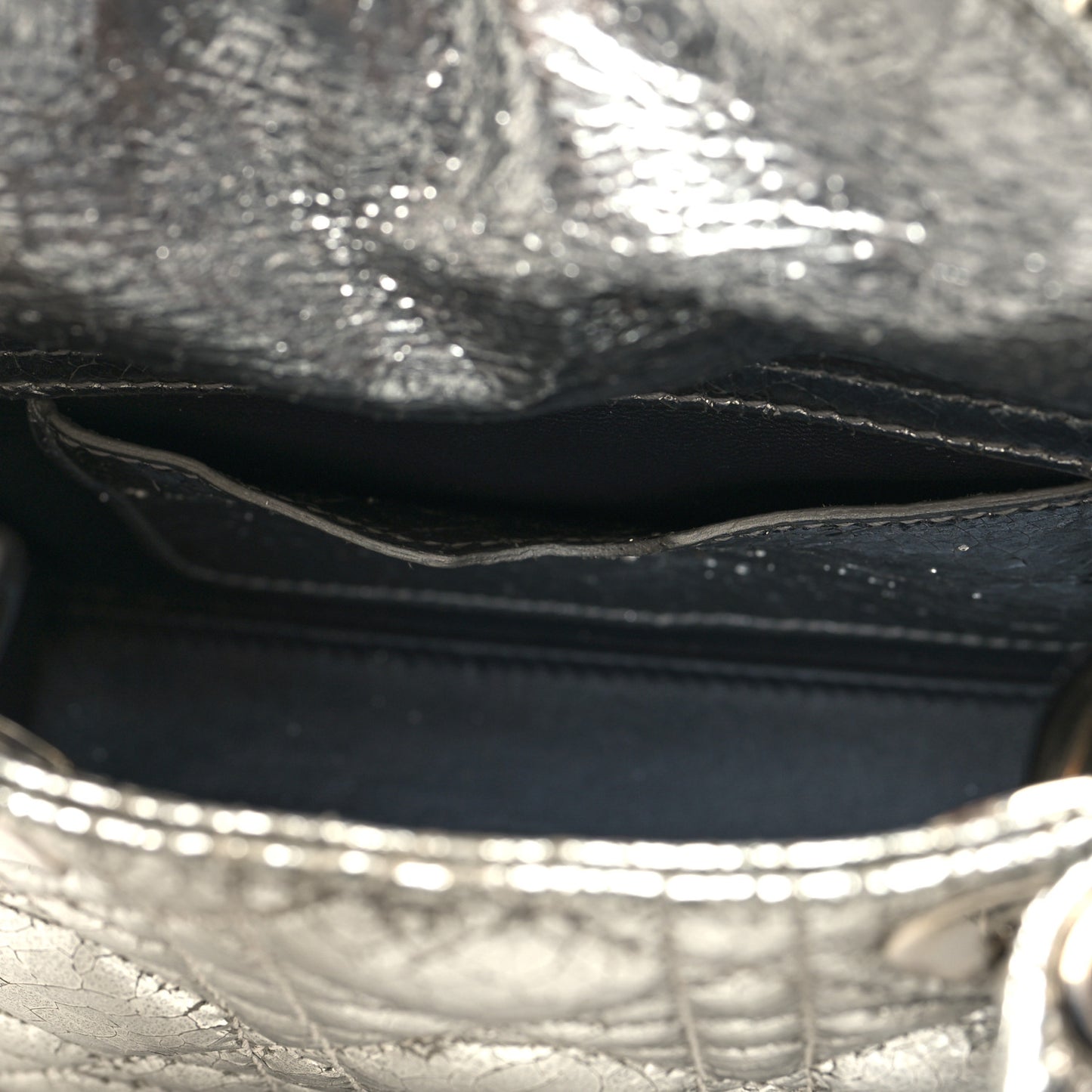 Metallic Crinkled Calfskin Cannage Micro Lady Dior Silver