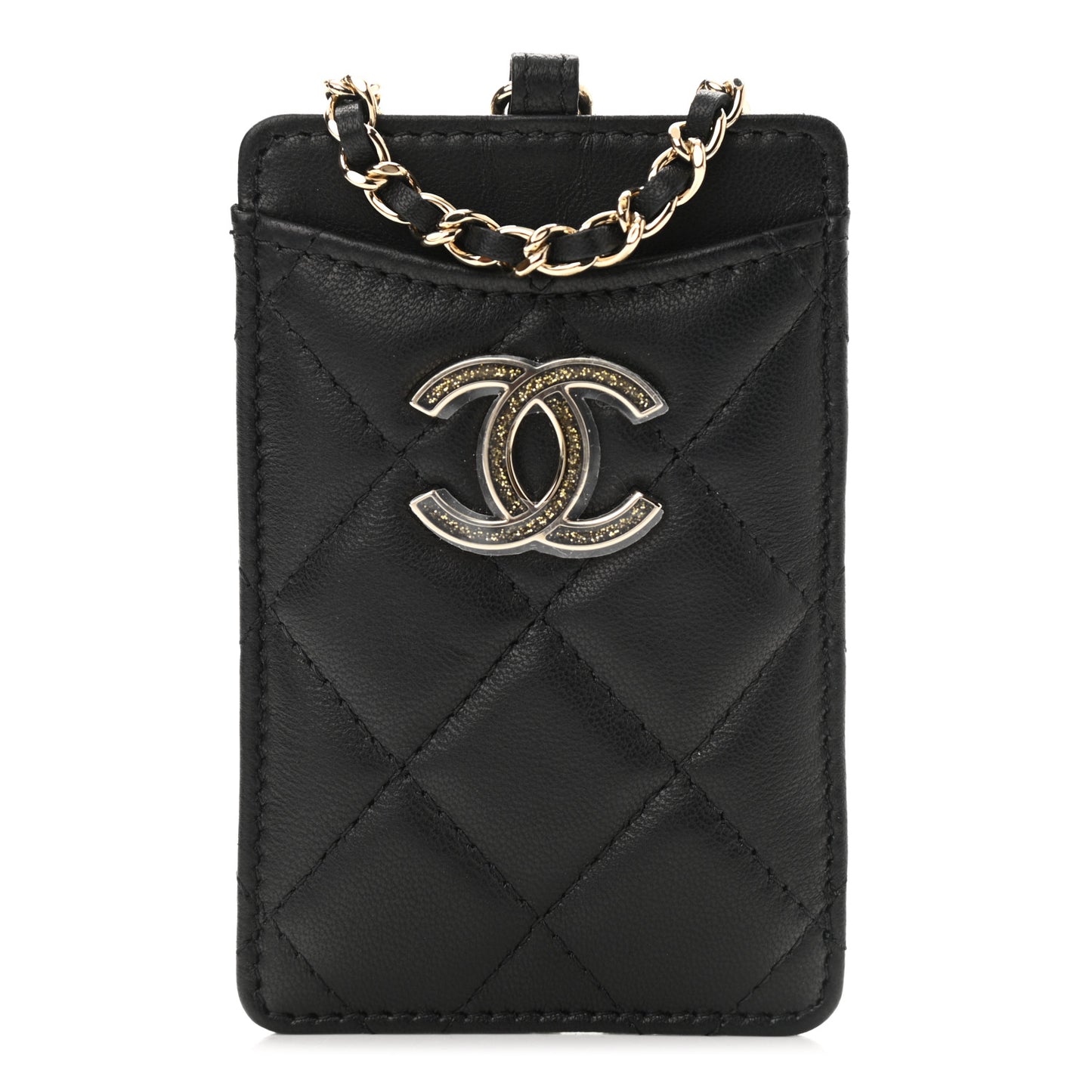 Lambskin Quilted Glitter Card Holder On Chain Black