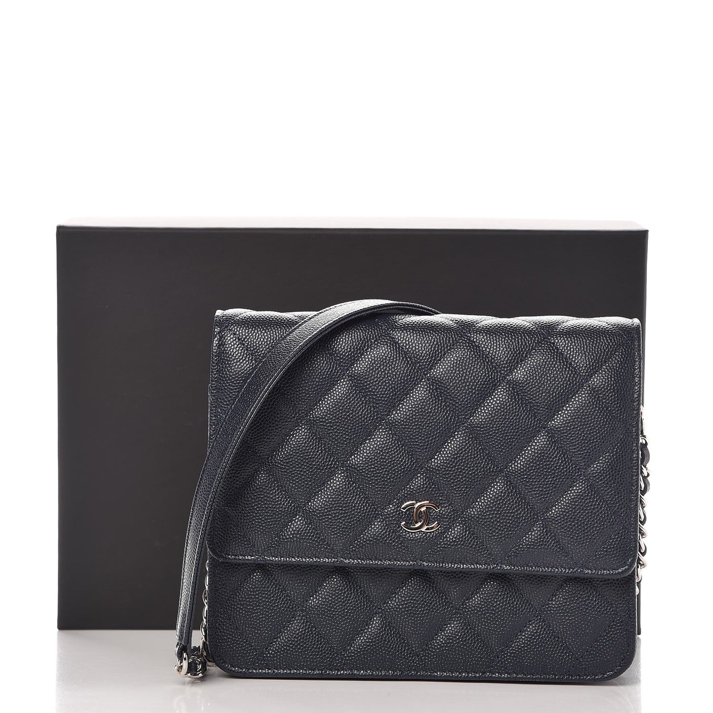 Caviar Quilted Square Wallet On Chain WOC Navy