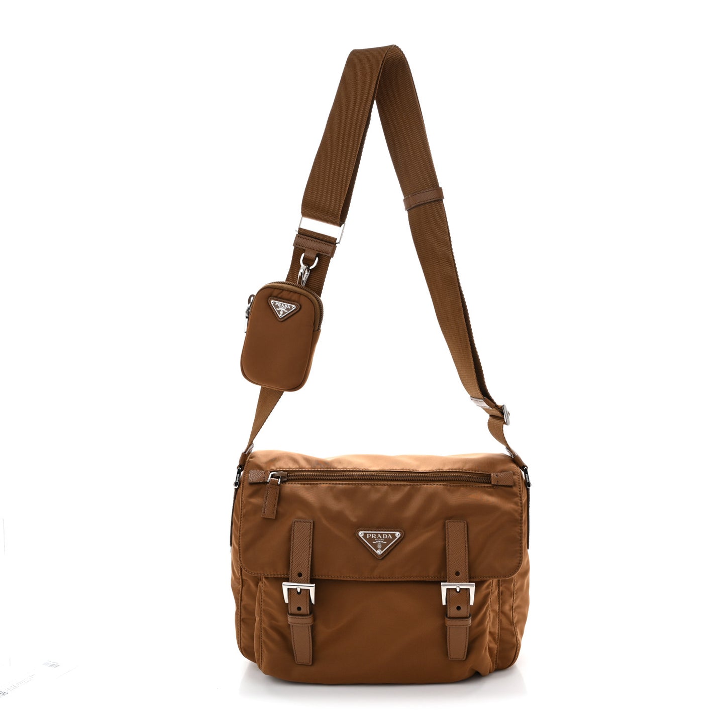 Re-Nylon Vela Saffiano Pocket Double Buckle Messenger Shoulder Bag Brandy