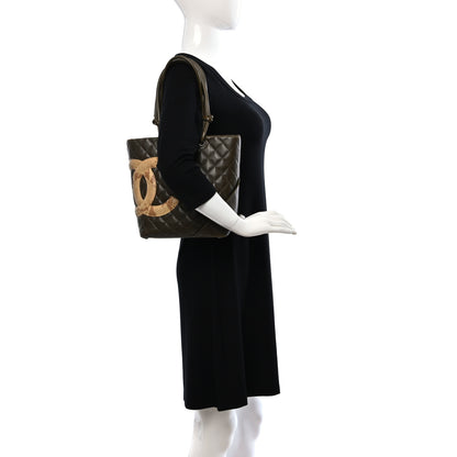 Chanel Calfskin Snakeskin Quilted Small Cambon Tote Khaki 2 of 10