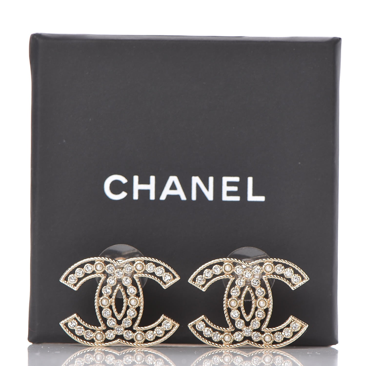 Chanel Pearl Crystal Sparkling Pearls CC Earrings Light Gold 5 of 5