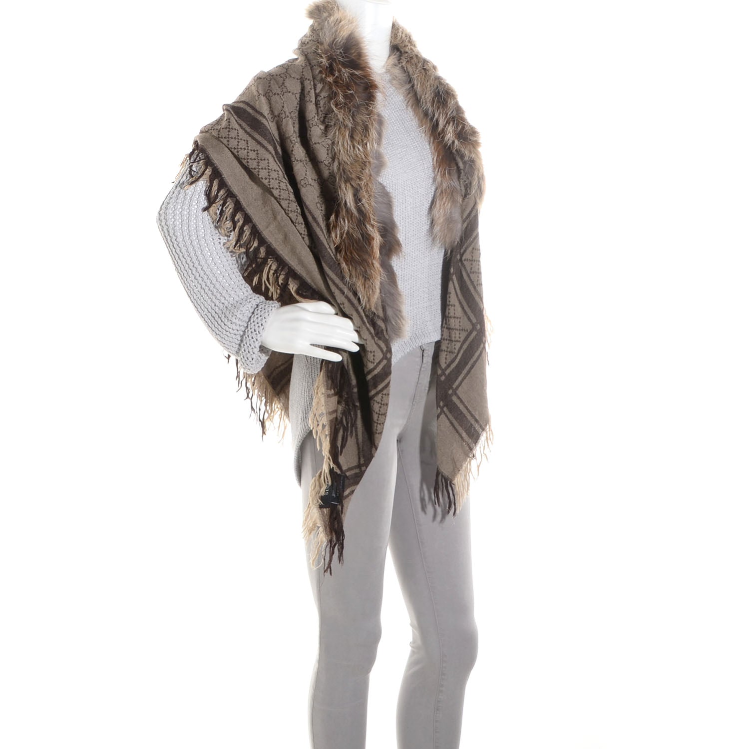 Gucci Wool Silk Fox Fur Monogram Shawl Scarf Brown 2 of 5
