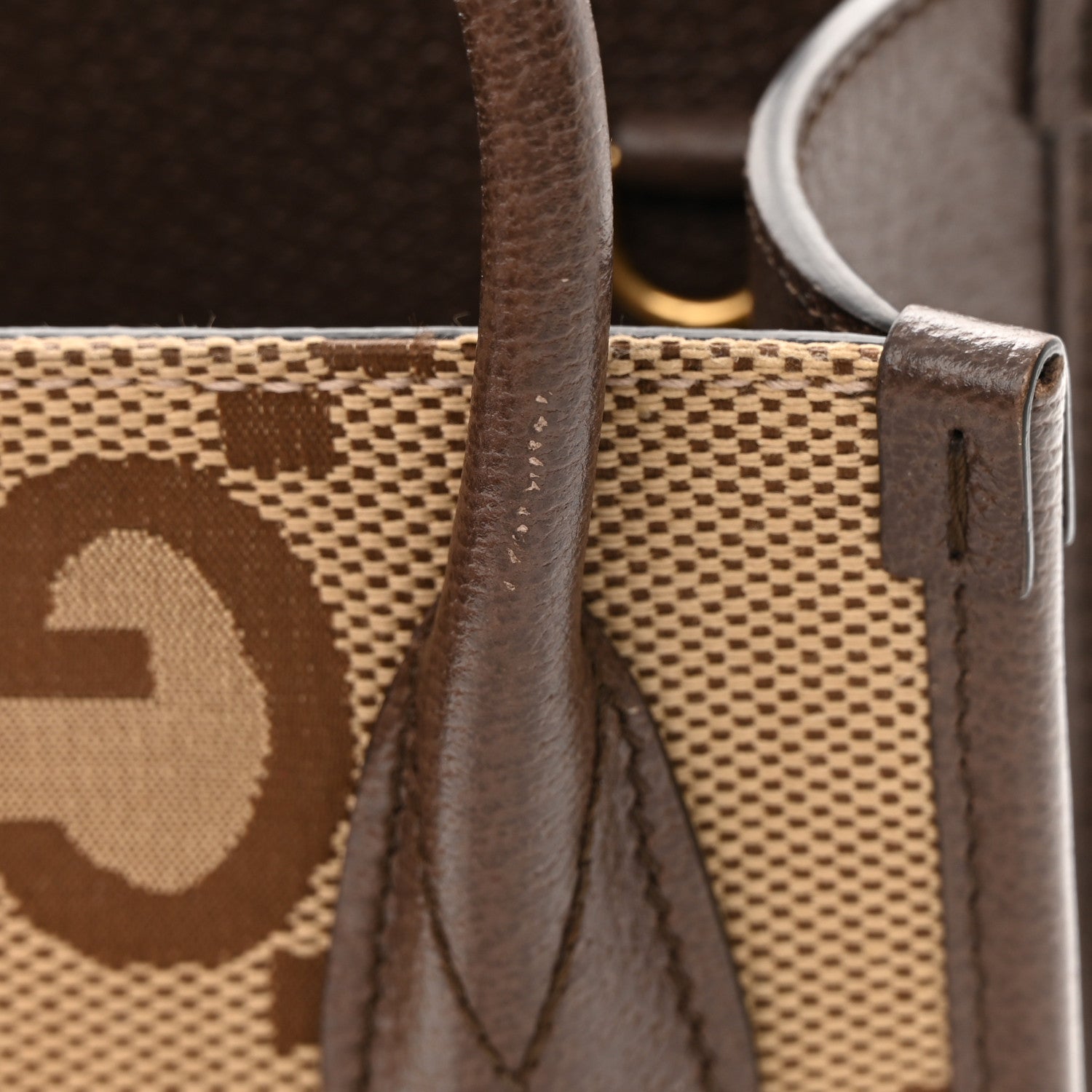 Gucci Monogram Jumbo GG Textured Dollar Calfskin Web Mini Vertical Tote Camel Ebony New Acero 12 of 14
