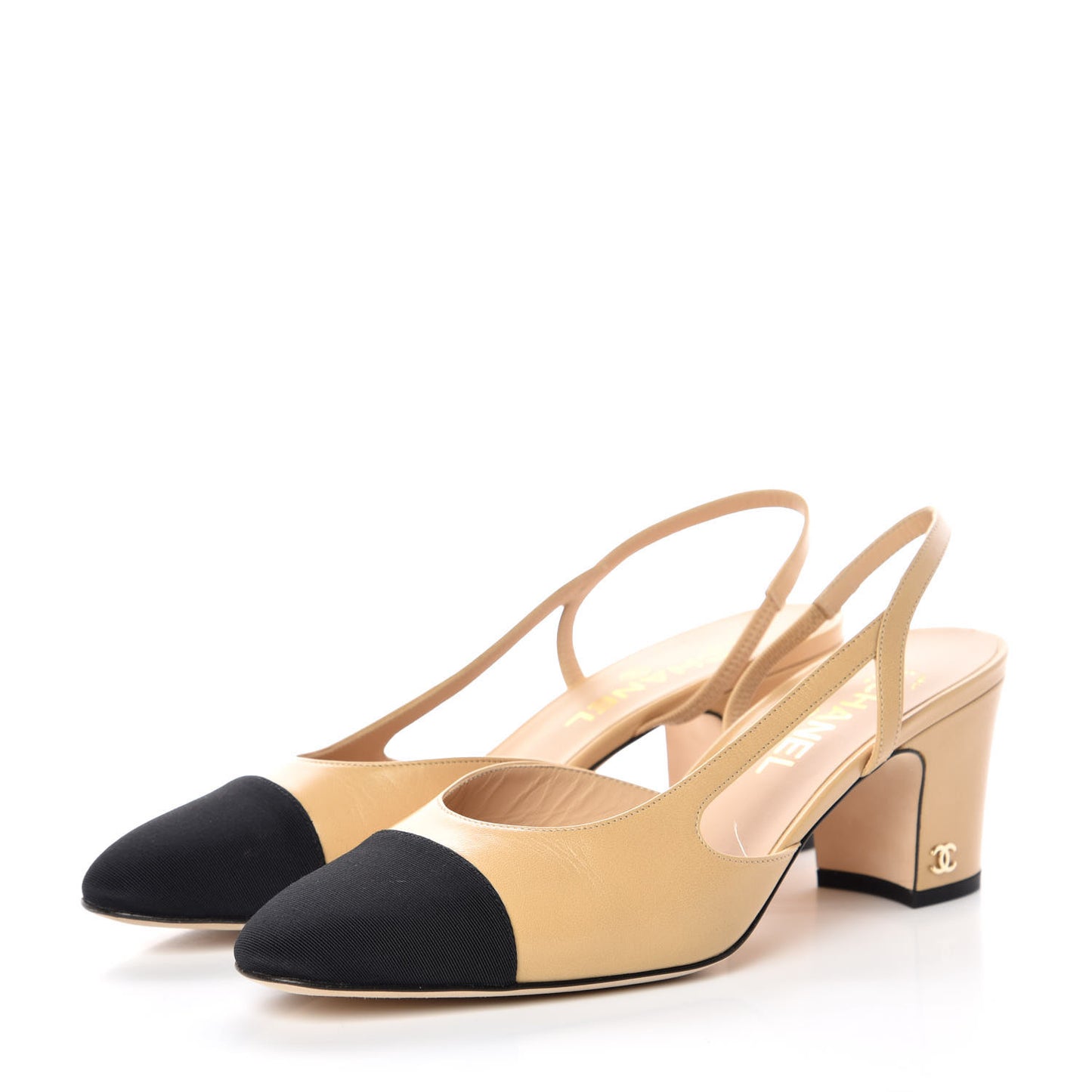 Goatskin Grosgrain Cap Toe CC Slingback Pumps 39 Beige Black
