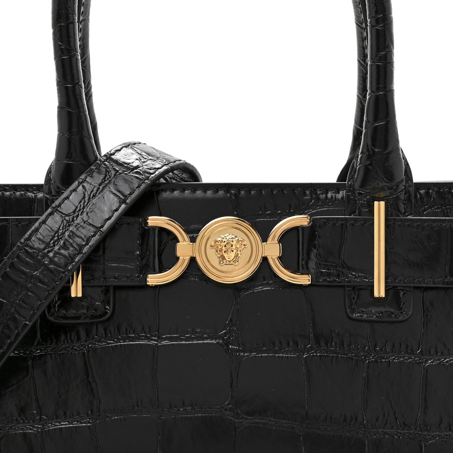 Versace Calfskin Crocodile Embossed Small Medusa '95 Tote Black 7 of 9