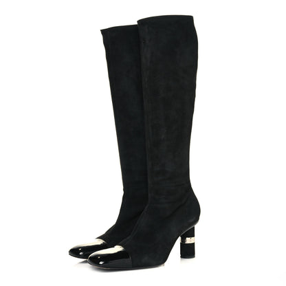 Chanel Suede Calfskin Patent CC Cap Toe Knee High Boots 39.5 Black 3 of 8