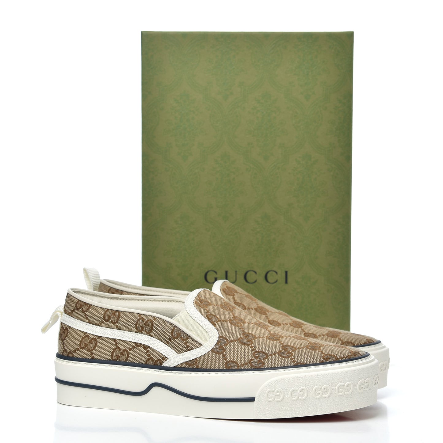 GG Monogram Womens 1977 Tennis Slip On 30mm Sneakers 37 Beige Ebony Mystic White