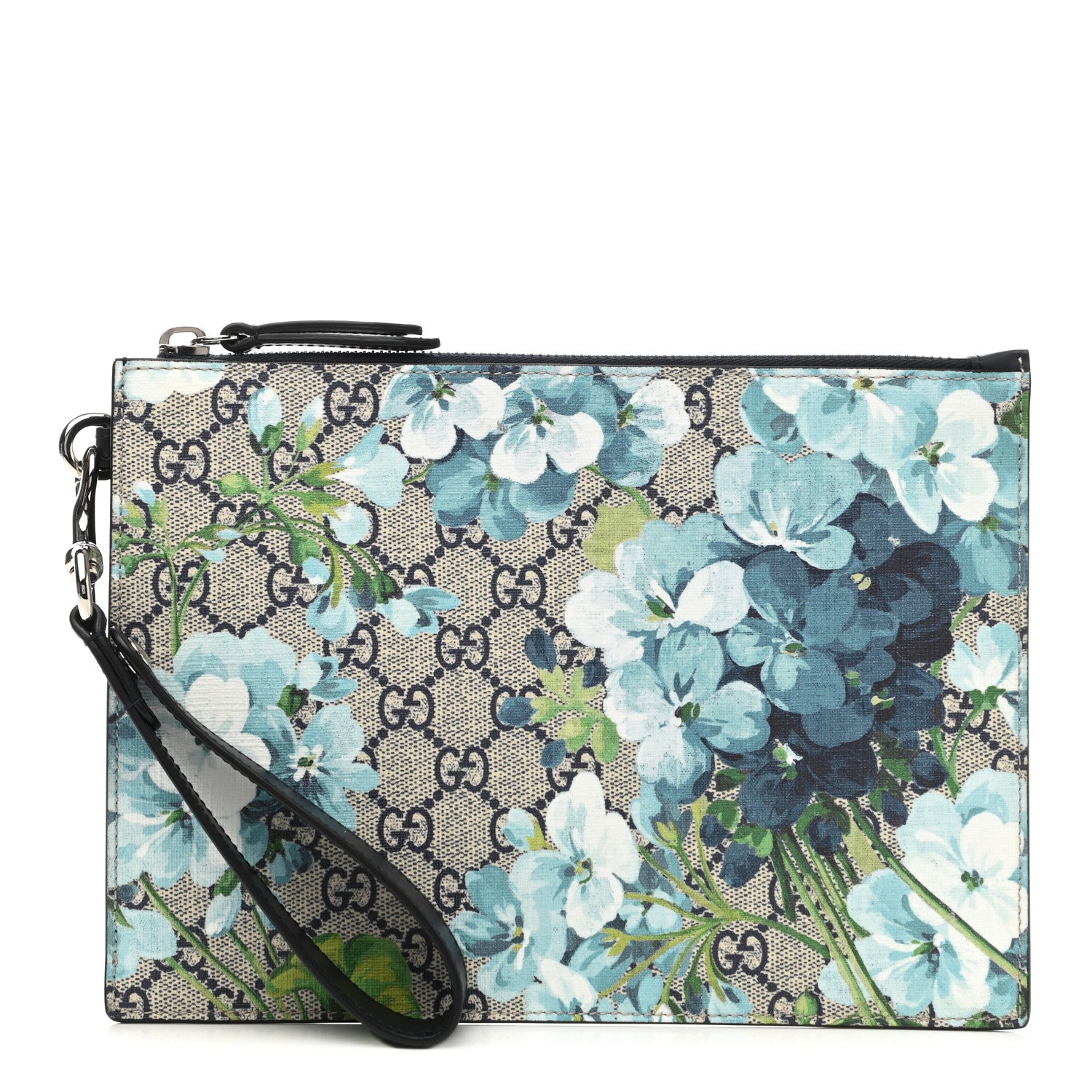 Gucci GG Supreme Monogram Blooms Small Zip Wristlet Pouch Beige Blue Black 1 of 7