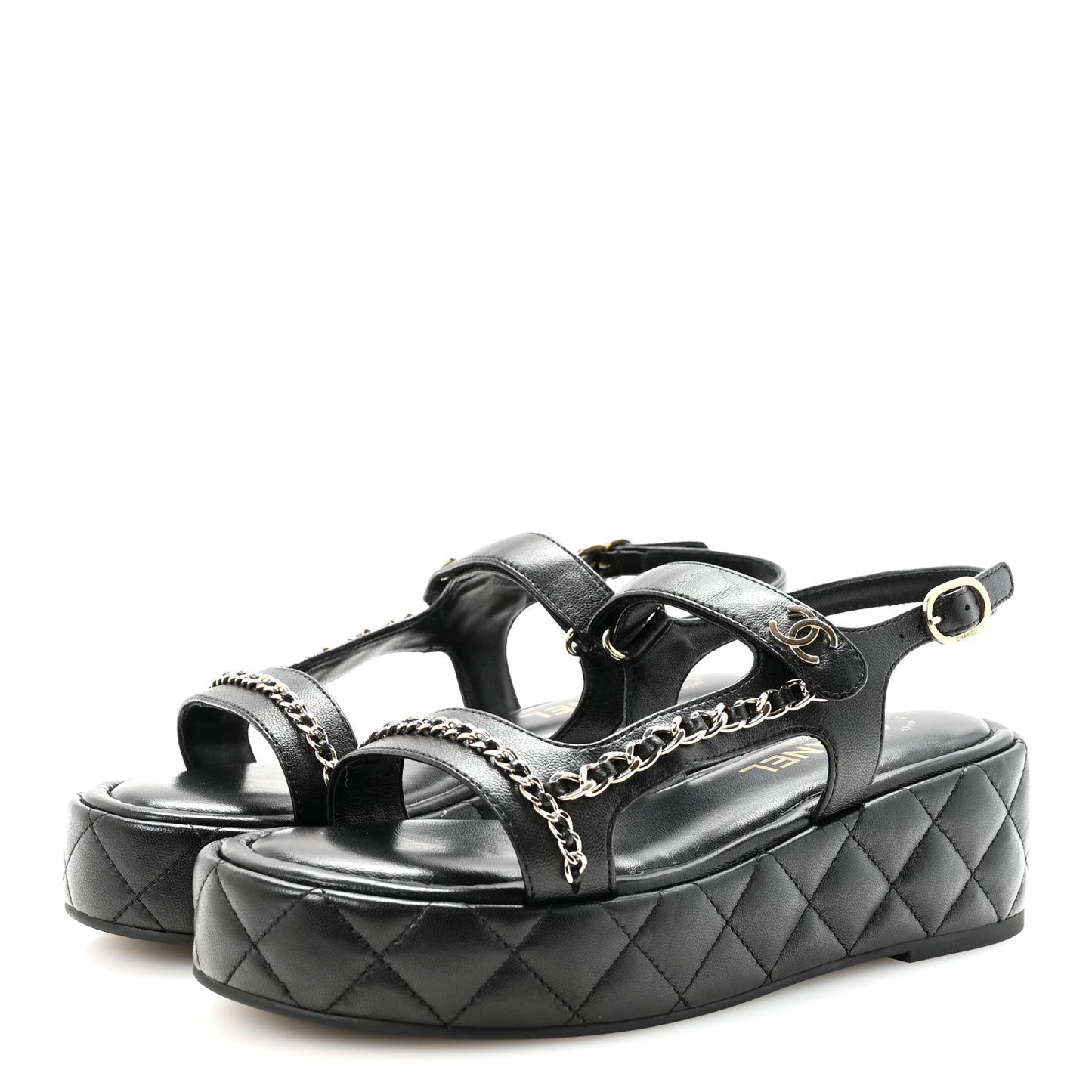 Lambskin Quilted Chain CC Platform Sandals 38.5 Black