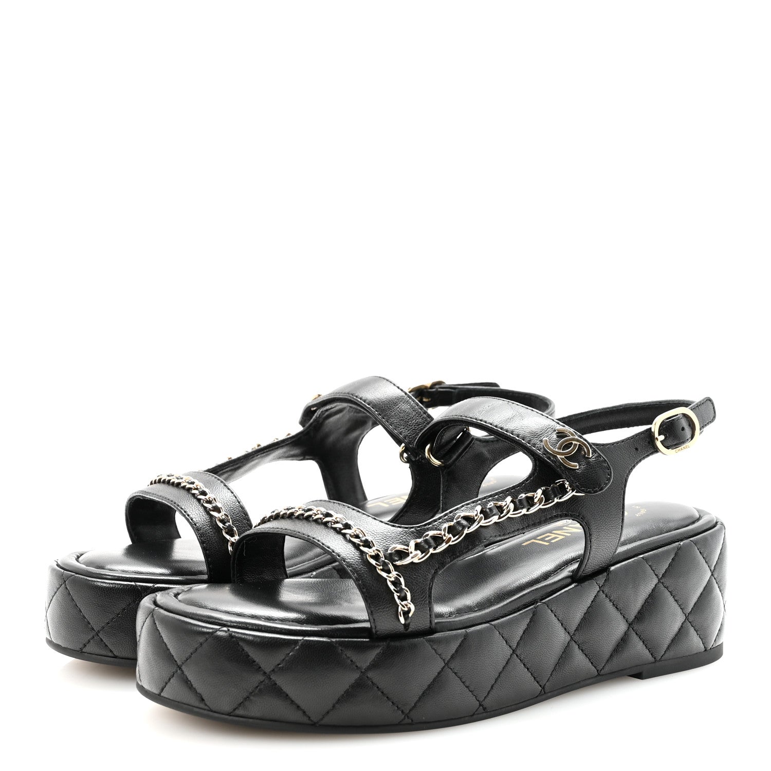 Chanel Lambskin Quilted Chain CC Platform Sandals 38.5 Black 4 of 10