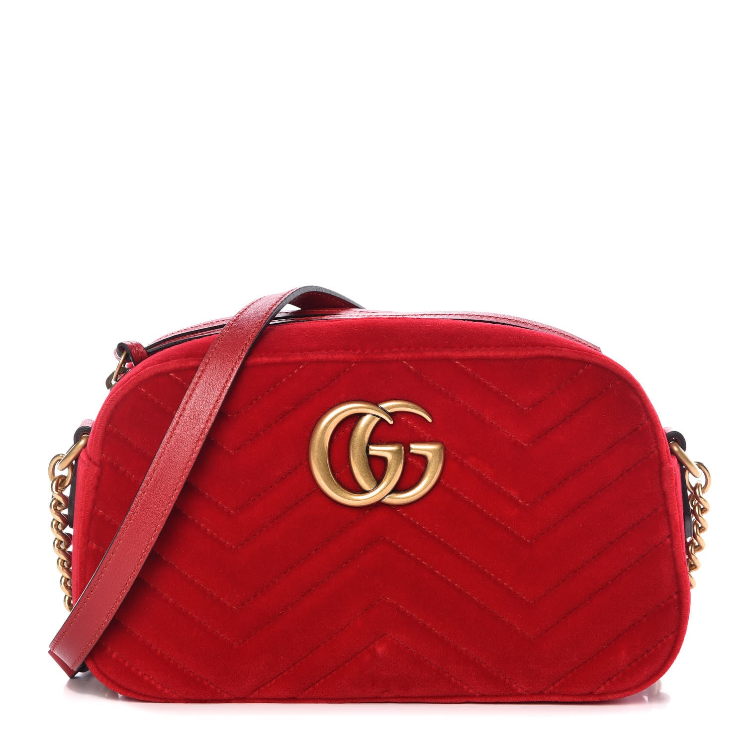 Gucci Velvet Matelasse Small GG Marmont Chain Shoulder Bag Hibiscus Red 1 of 9
