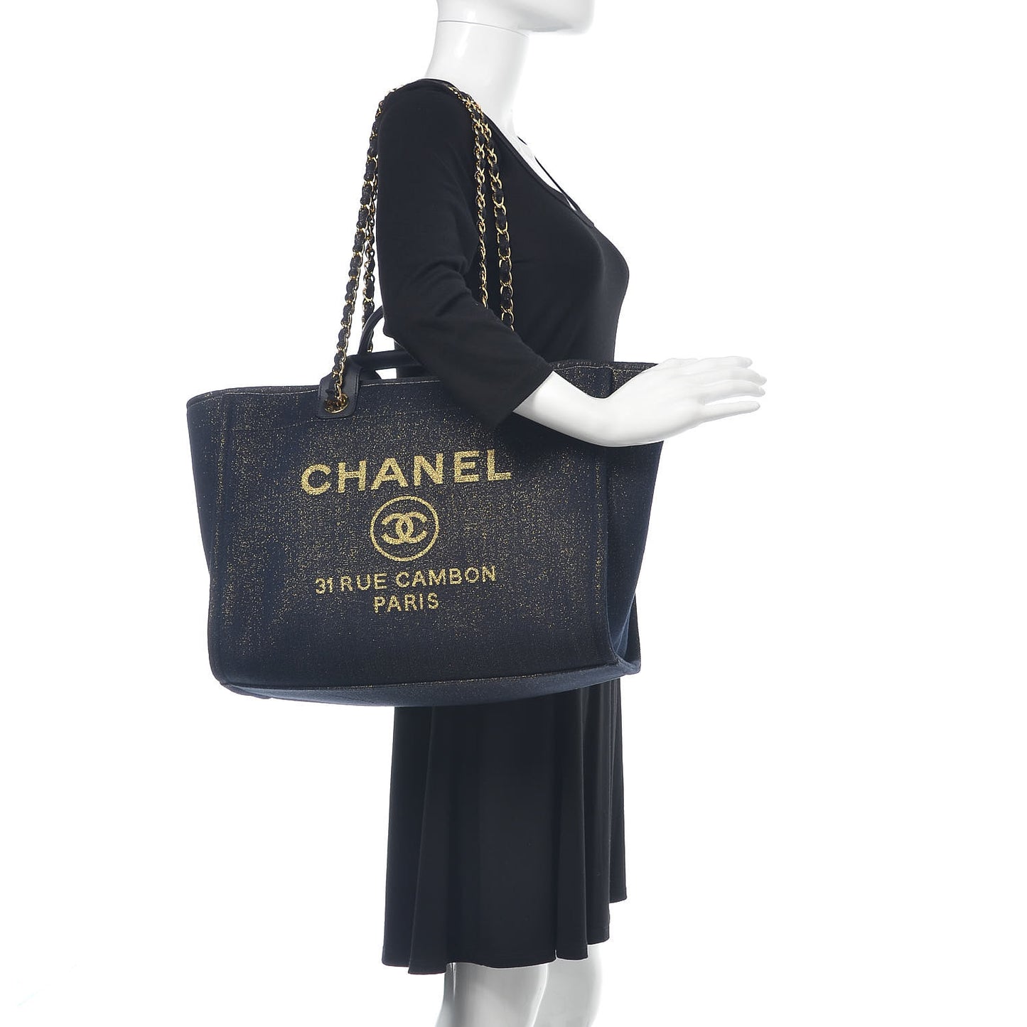 Lurex Canvas Medium Deauville Tote Navy Blue Gold