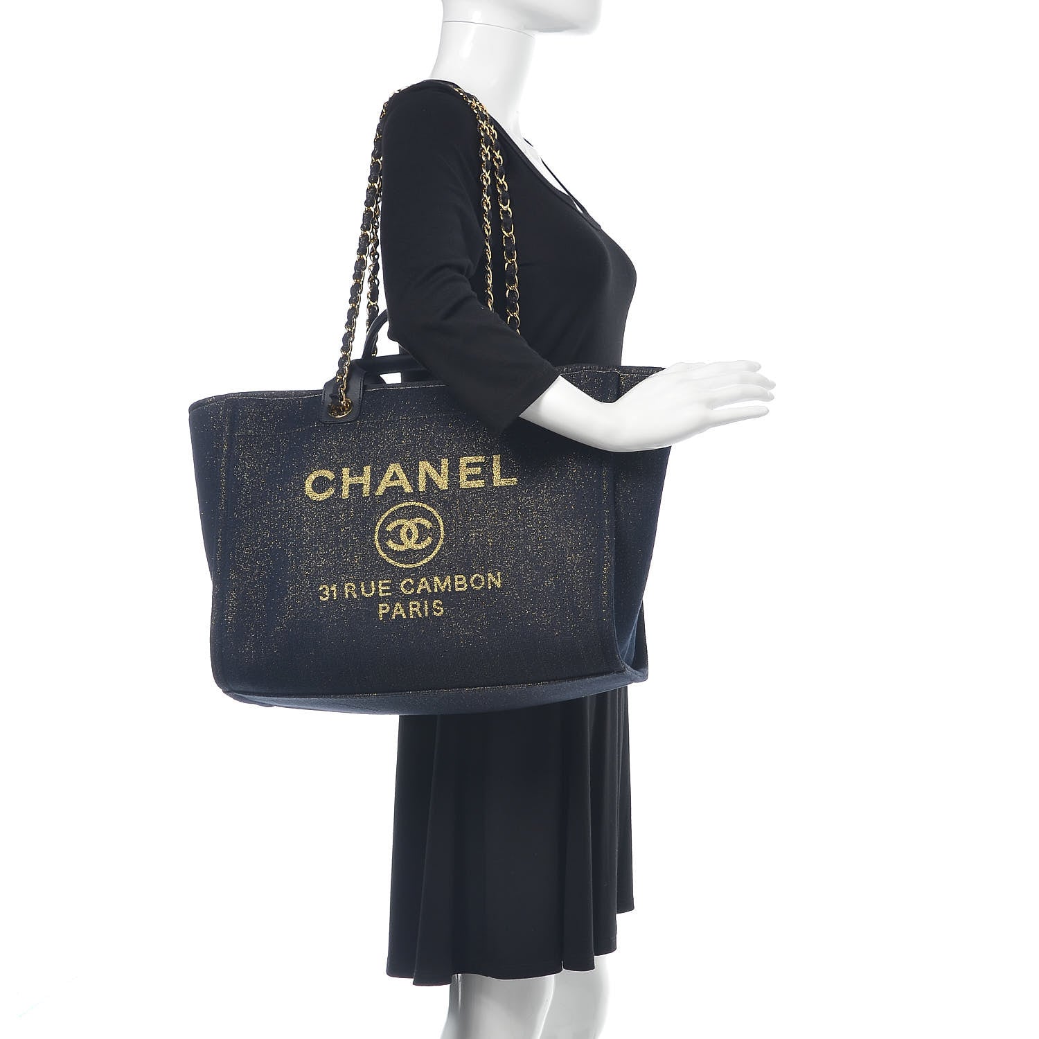 Chanel Lurex Canvas Medium Deauville Tote Navy Blue Gold 2 of 10
