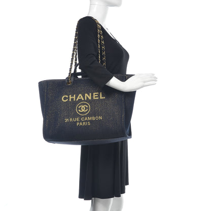Chanel Lurex Canvas Medium Deauville Tote Navy Blue Gold 2 of 10