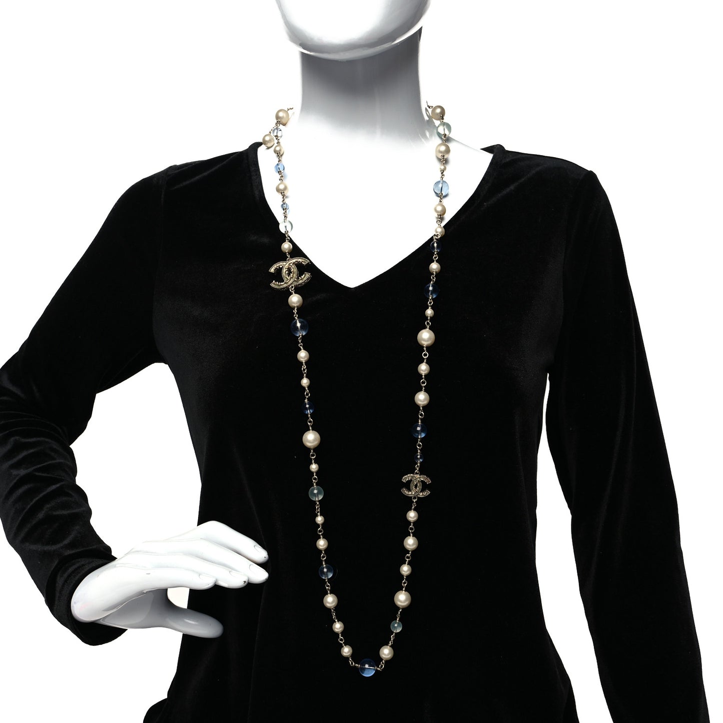 Pearl Beaded CC Long Necklace Silver Light Blue