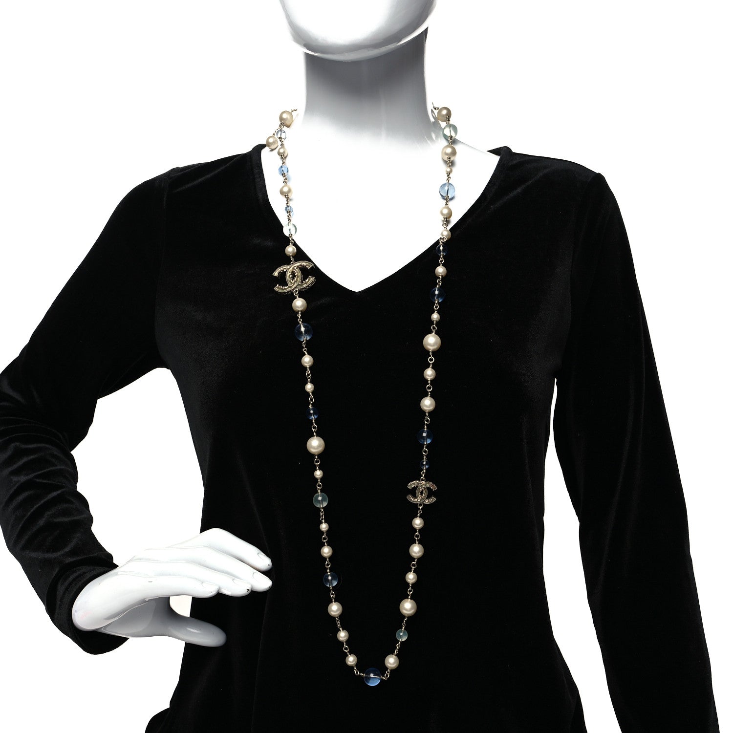 Chanel Pearl Beaded CC Long Necklace Silver Light Blue 2 of 5