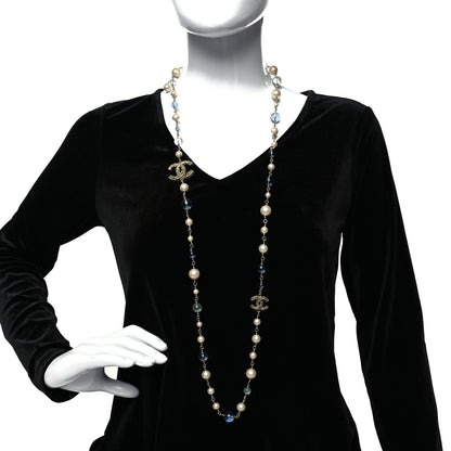 Chanel Pearl Beaded CC Long Necklace Silver Light Blue 2 of 5