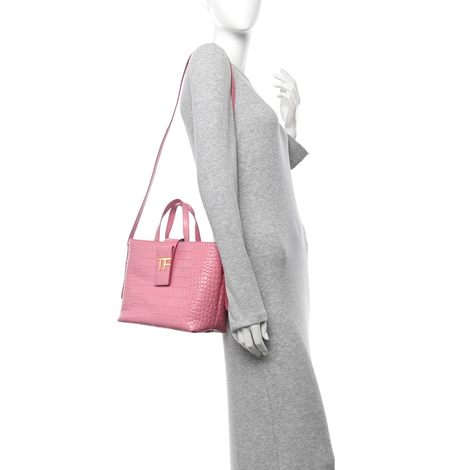 Tom Ford Calfskin Crocodile Embossed Mini TF East West Tote Rose Bloom 2 of 11