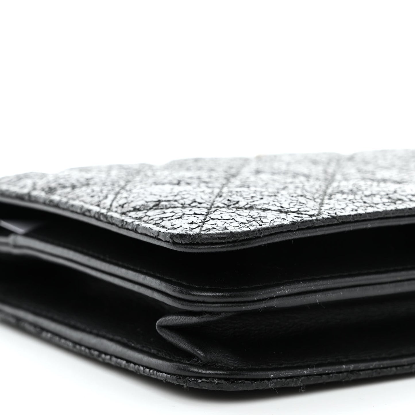 Crackled Patent Calfskin Quilted Pearl Wallet On Chain WOC Black