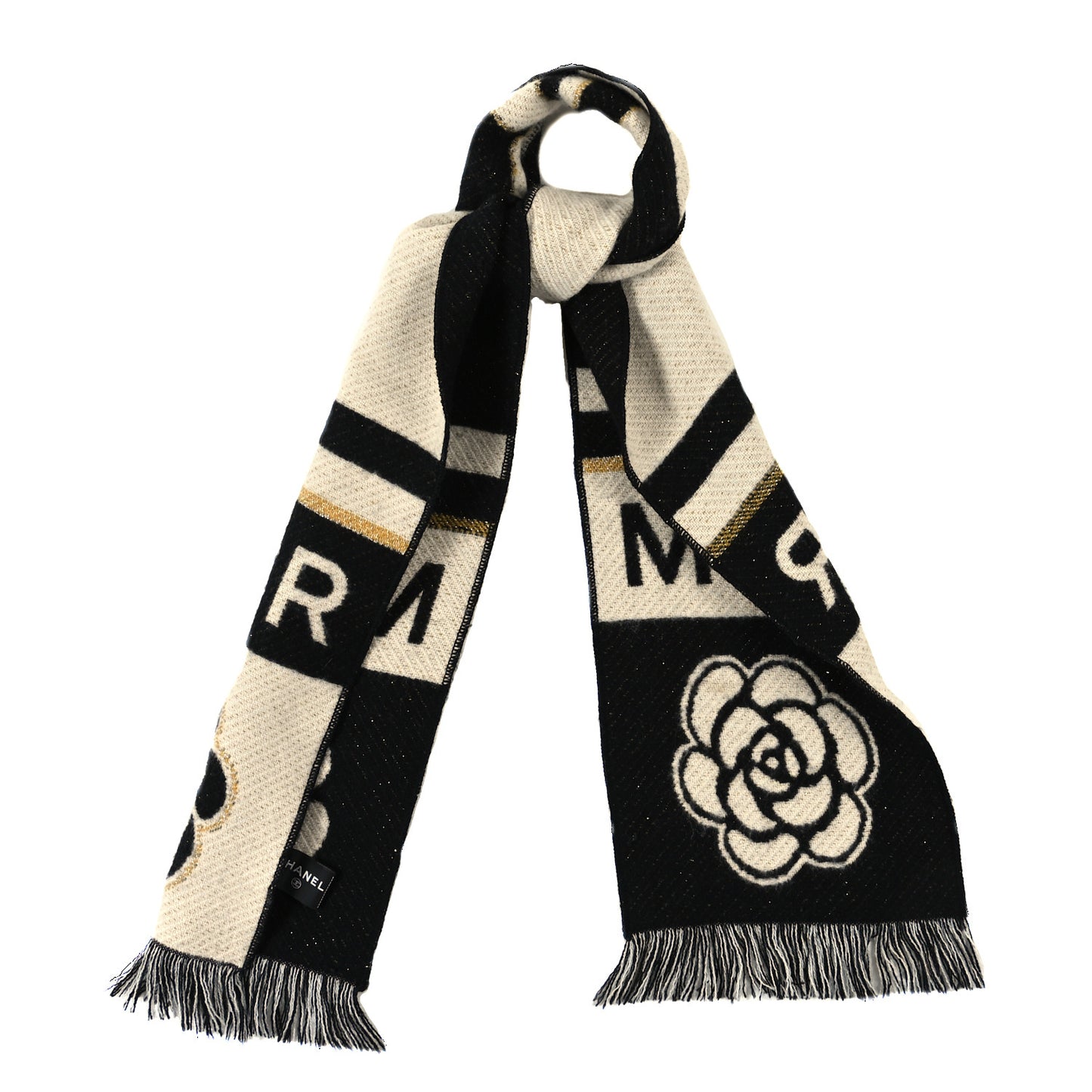 Cashmere Wool Metallic Fiber Manchester Camellia Fringe Scarf Black White