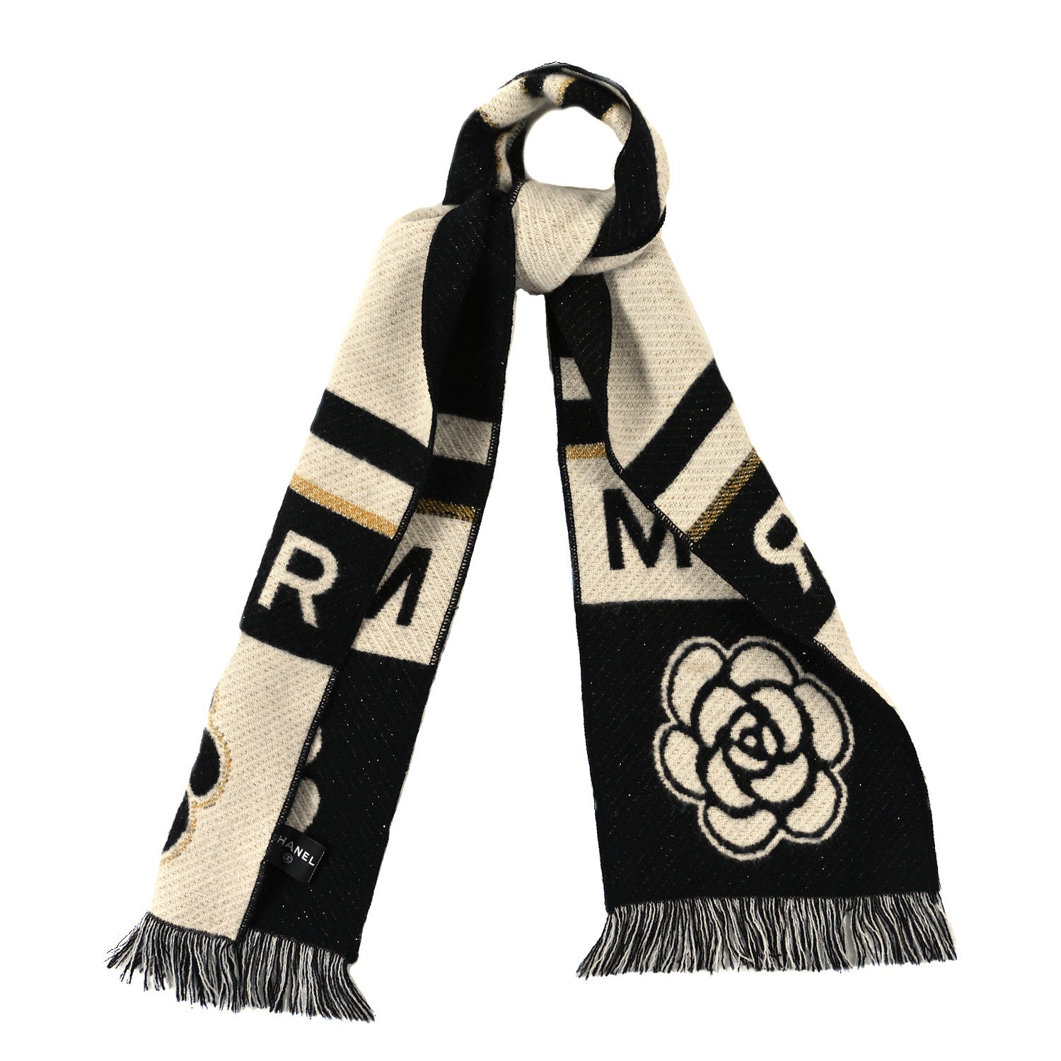 Chanel Cashmere Wool Metallic Fiber Manchester Camellia Fringe Scarf Black White 1 of 3
