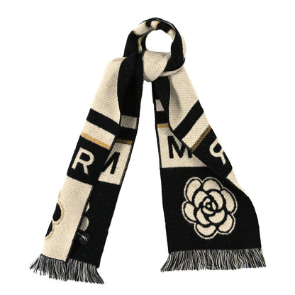 Chanel Cashmere Wool Metallic Fiber Manchester Camellia Fringe Scarf Black White 1 of 3