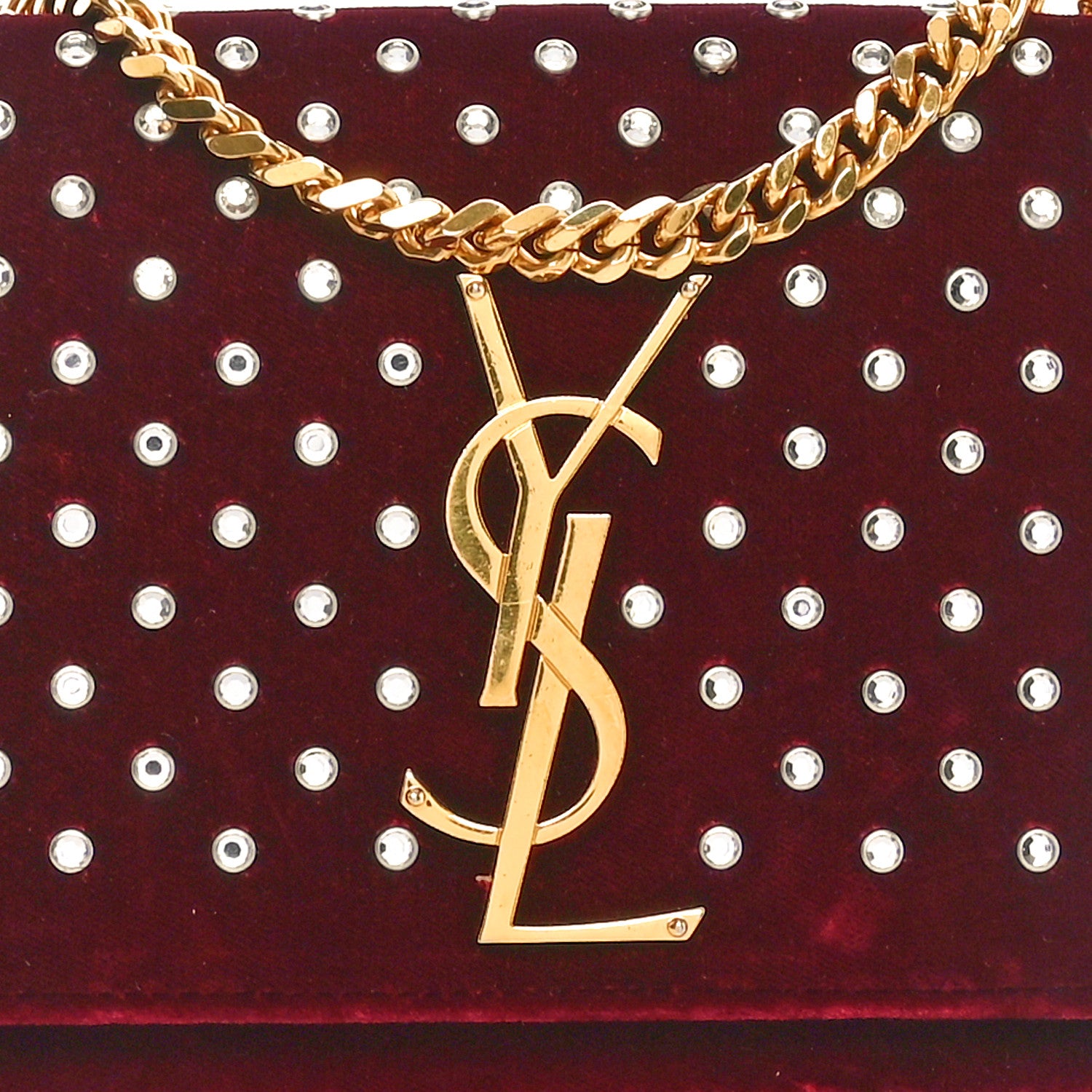 Saint Laurent Velvet Crystal Studded Monogram Small Kate Satchel Red 7 of 9