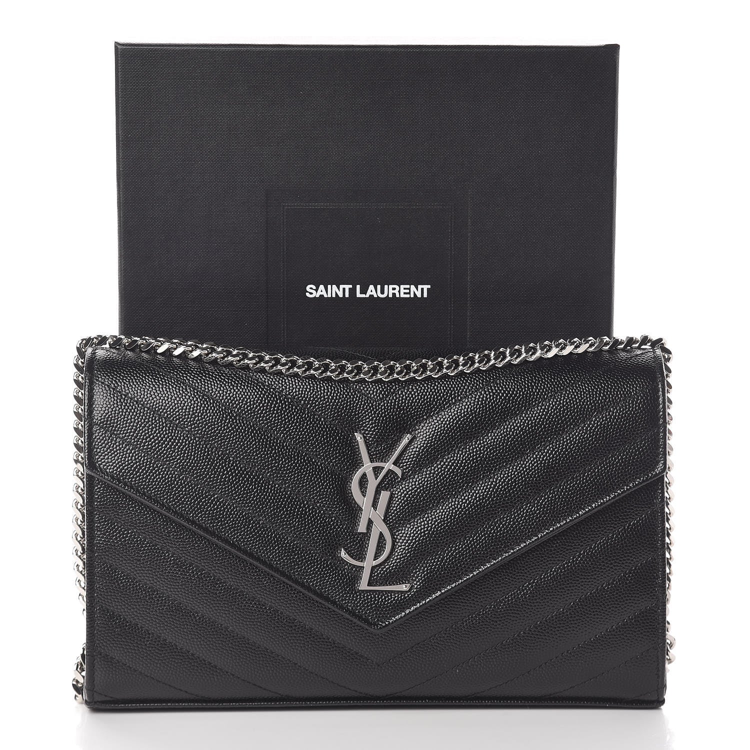 Saint Laurent Grain De Poudre Matelasse Chevron Monogram Chain Wallet Black 10 of 10
