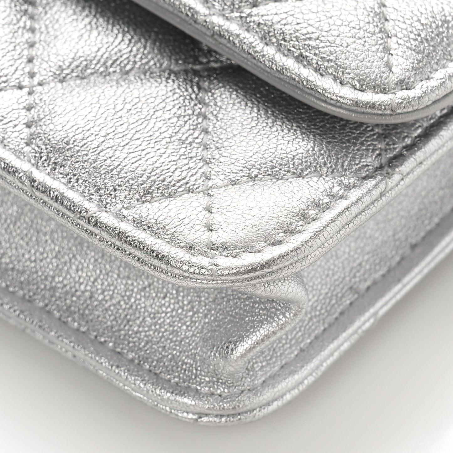 Metallic Goatskin Quilted Crystal CC Walk Of Fame Clutch With Chain Silver