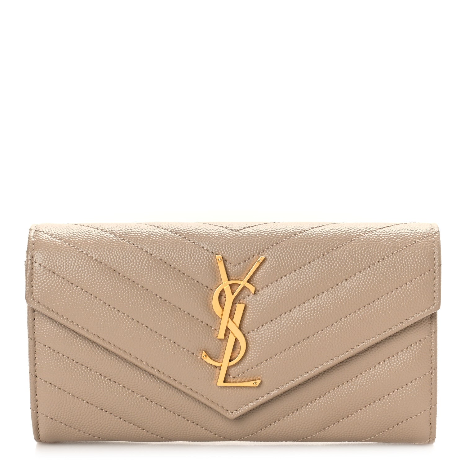 Saint Laurent Grain De Poudre Matelasse Chevron Monogram Flap Wallet Dark Beige 1 of 9