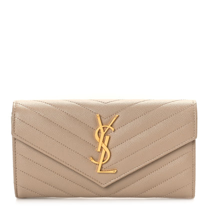 Saint Laurent Grain De Poudre Matelasse Chevron Monogram Flap Wallet Dark Beige 1 of 9