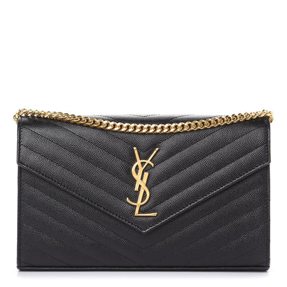 Saint Laurent Grain De Poudre Matelasse Chevron Monogram Chain Wallet Black 1 of 8