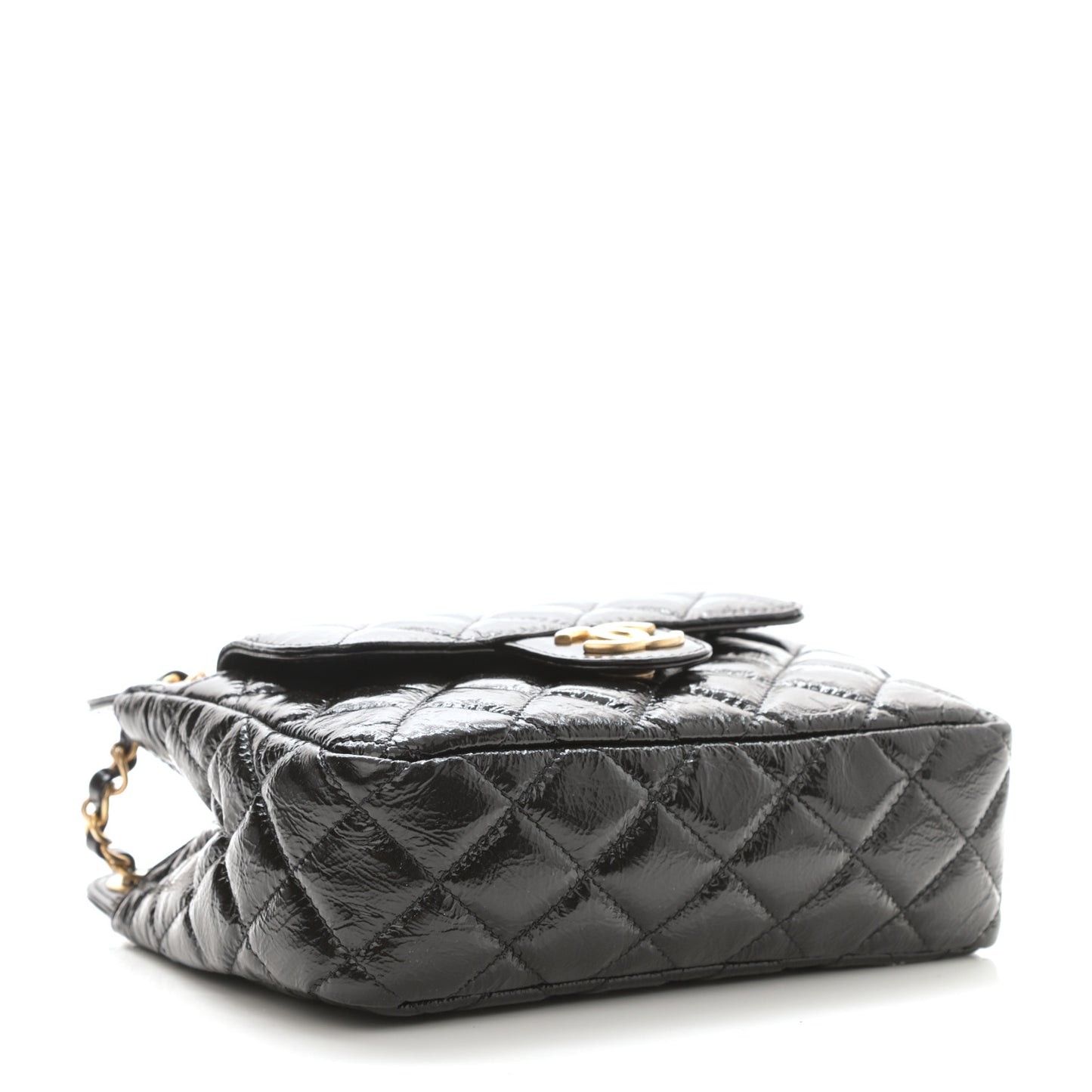 Shiny Crumpled Calfskin Quilted Small Wavy CC Hobo Black