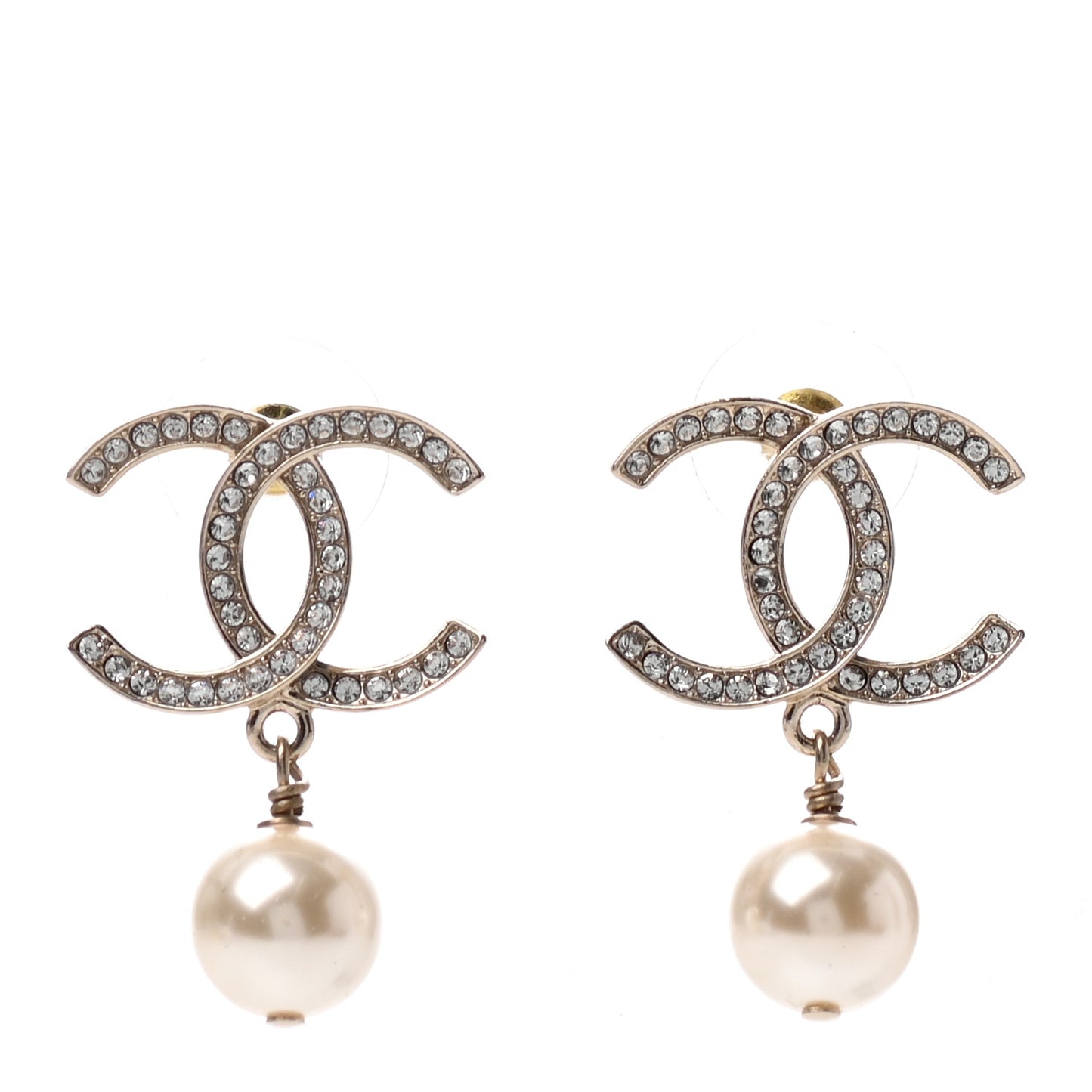 Crystal Pearl CC Drop Earrings Gold
