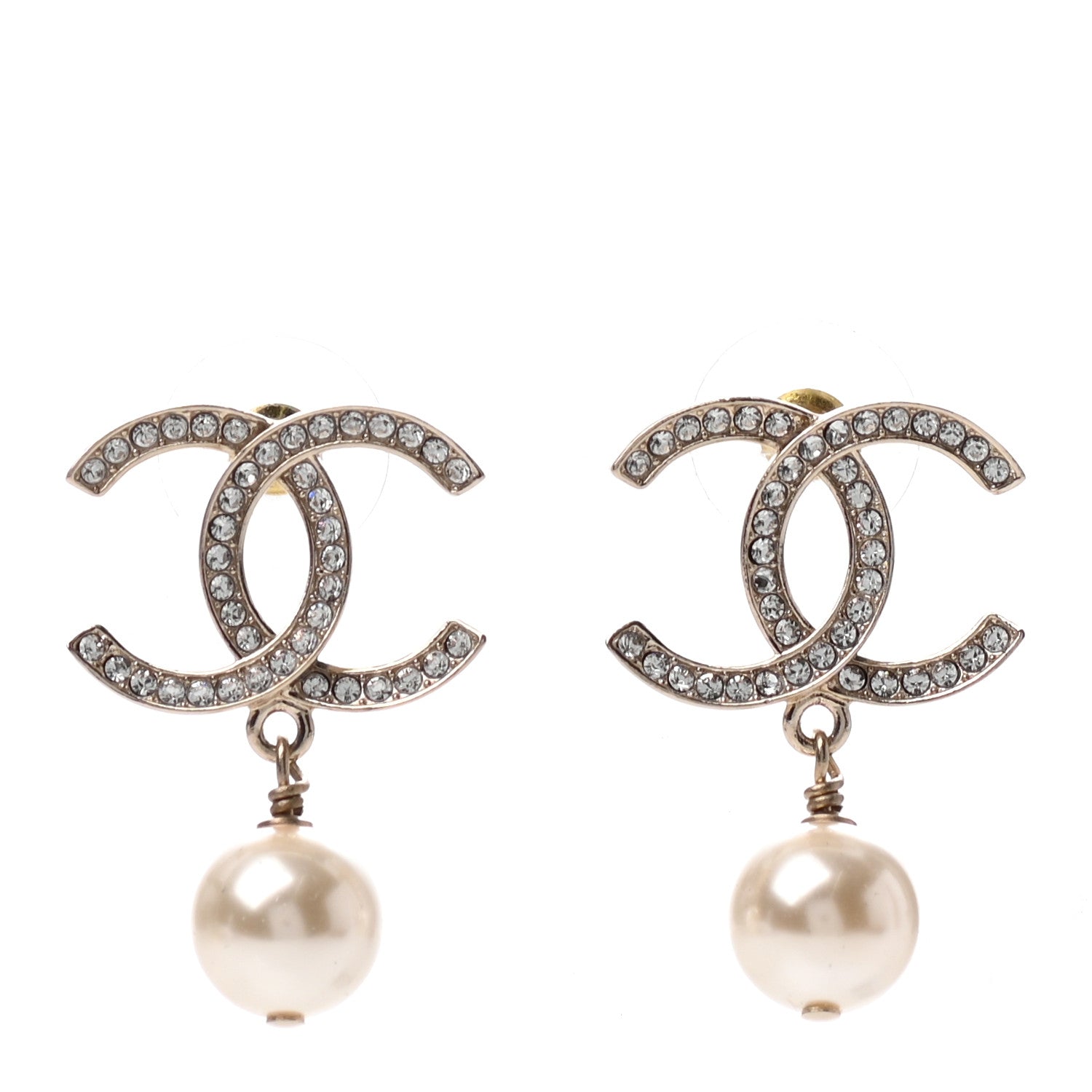 Chanel Crystal Pearl CC Drop Earrings Gold 1 of 4