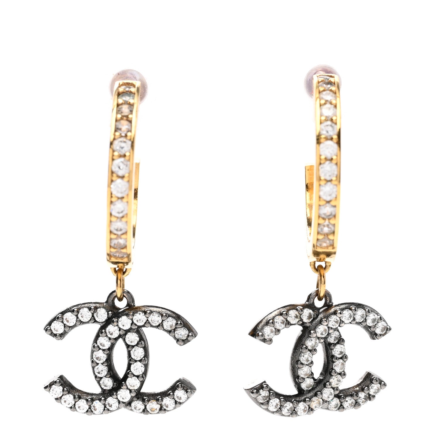 Chanel Crystal Lock Symbols CC Hoop Drop Earrings Gold Ruthenium 1 of 4