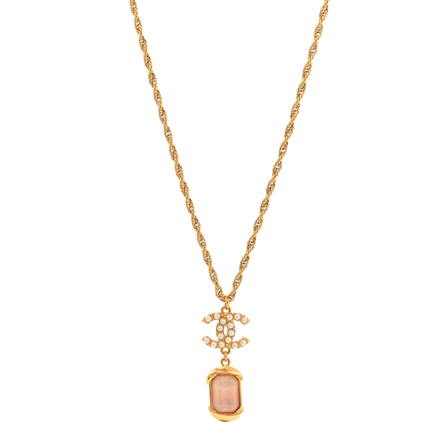 Pearl Crystal CC Pendant Necklace Gold Pink Pearly White