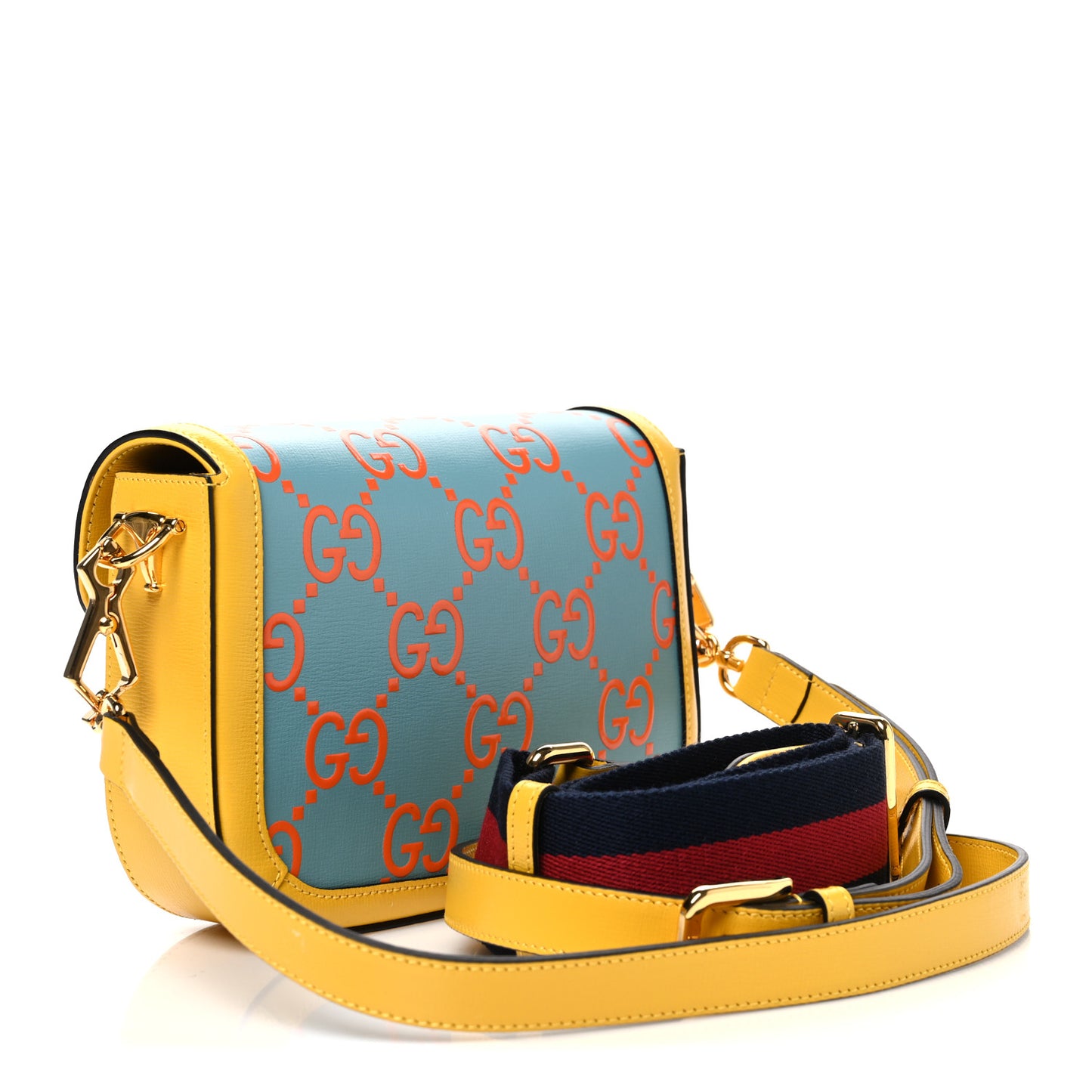 Azalea Calfskin GG Monogram Bi-Color Debossed Mini Horsebit 1955 Shoulder Bag Dusty Azure Stone Topaz Deep Orange