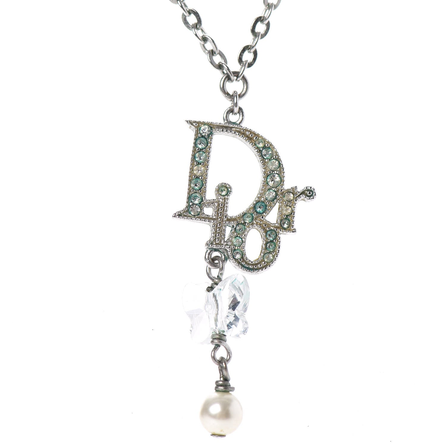 Christian Dior Crystal Pearl Logo Necklace Silver 4 of 5