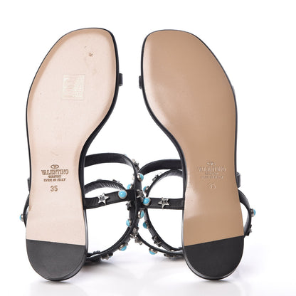 Valentino Garavani Calfskin Rockstud Rolling Ankle Wrap Flat Sandals 35 Black 5 of 7